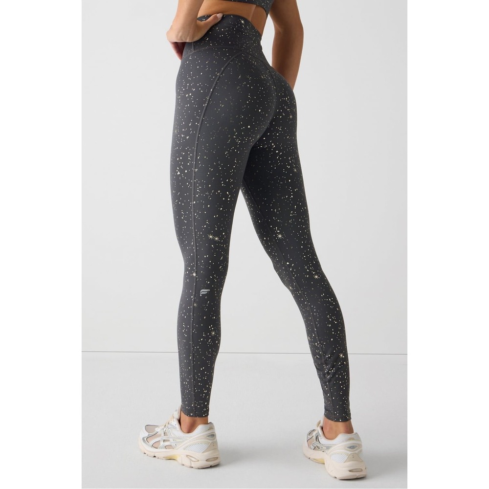 Fabletics Oasis High-Waisted Leggings Gold Star Celestial Print Medium Tall Gray